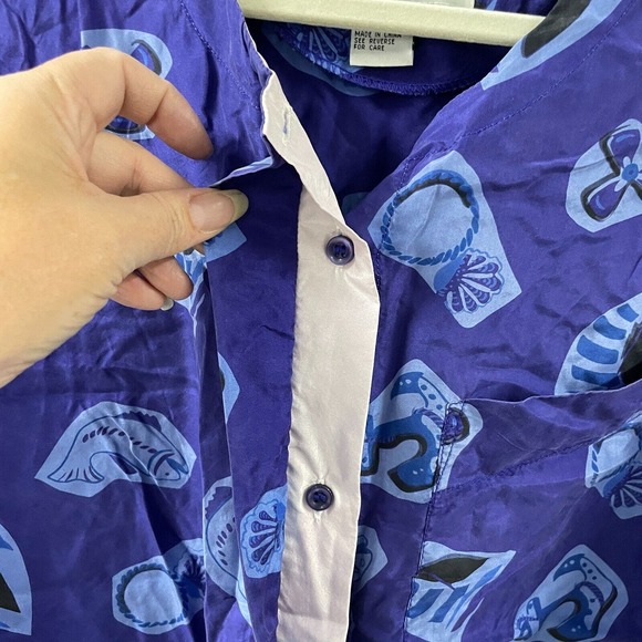 Vintage Hattie Carnegie Silk shirt Womens L short Sleeve Button Up purple Anchor - Picture 5 of 7